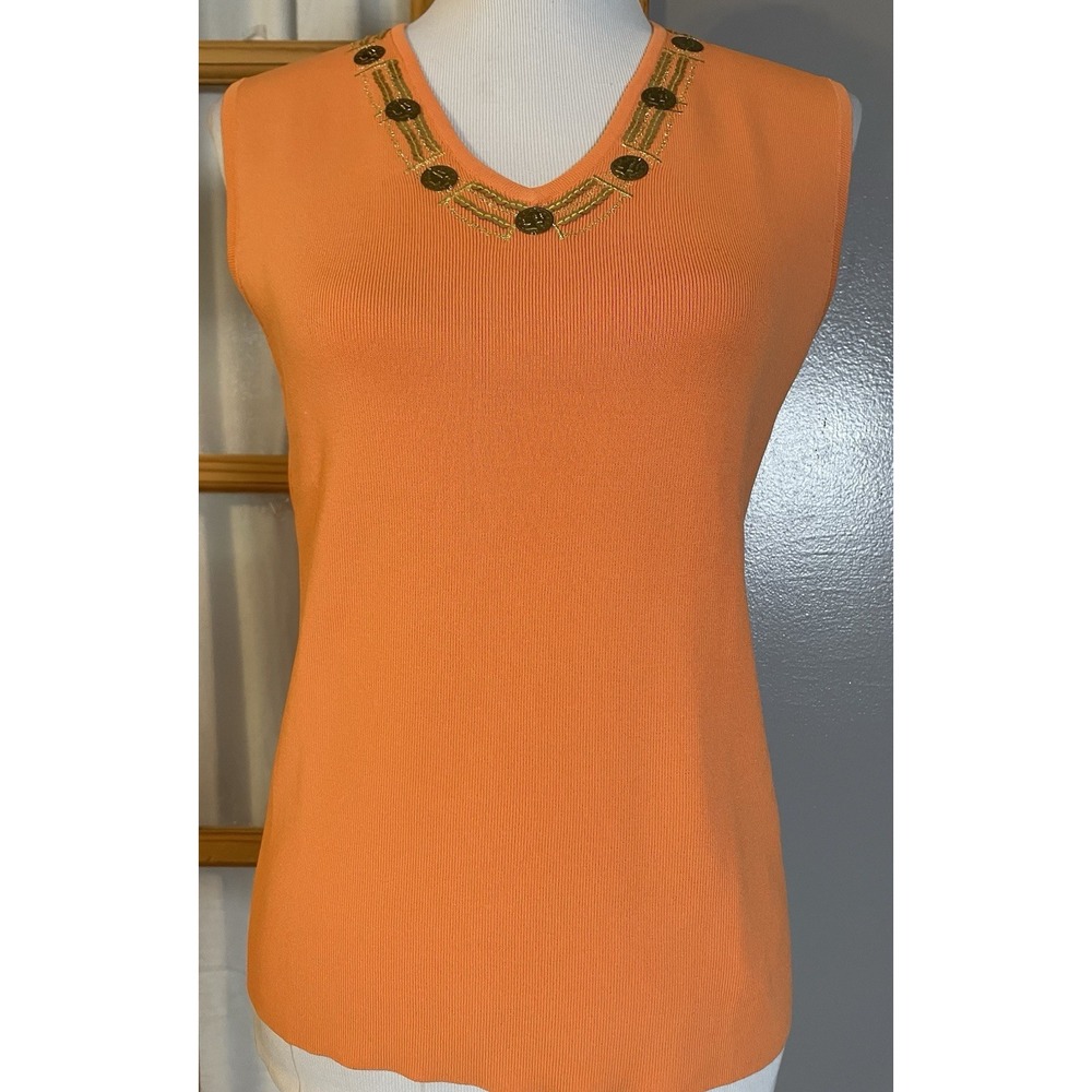 Vtg 90s Laura Ashley Beaded Tank Top Sz M Orange Knit Coin Sequins Classic